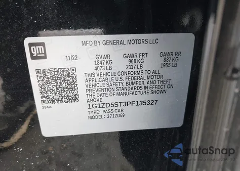 2023 Chevrolet Malibu Lt из США, поврежденный, VIN 1G1ZD5ST3PF135327